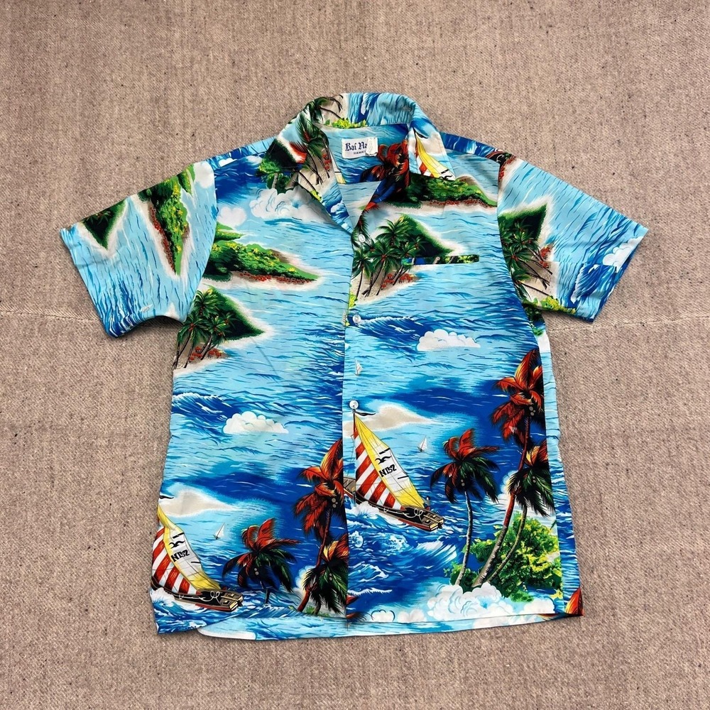 Vintage Kai Nani Hawaiian Button Up Shirt Mens Medium Blue 1970s